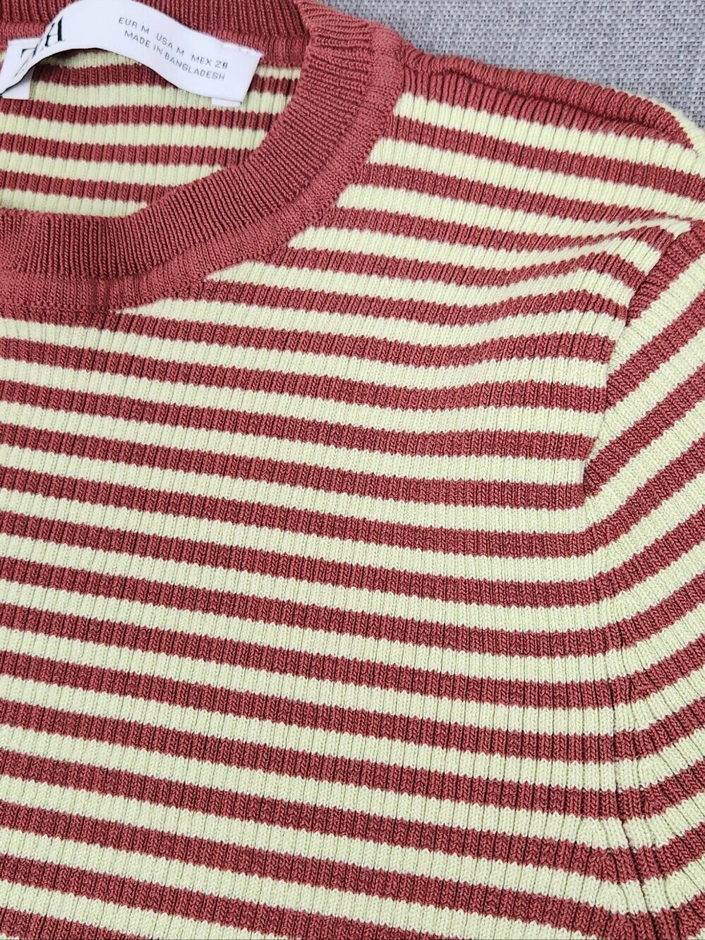 Zara Short Sleeve Striped Stretch Brown Cropped Style Top. Medium - Picture 2 of 7
